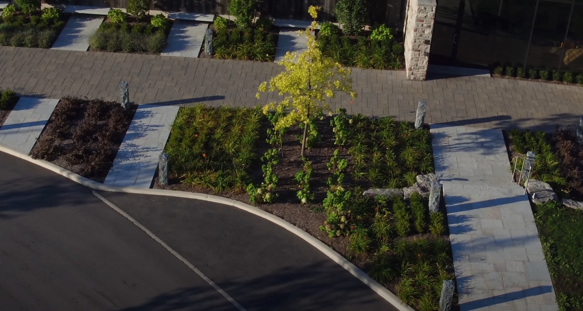 Commercial Landscaping Project - Modern Design and Professional Installation Services Modern commercial landscape design featuring geometric planting beds, contemporary hardscaping, and professional irrigation system installation