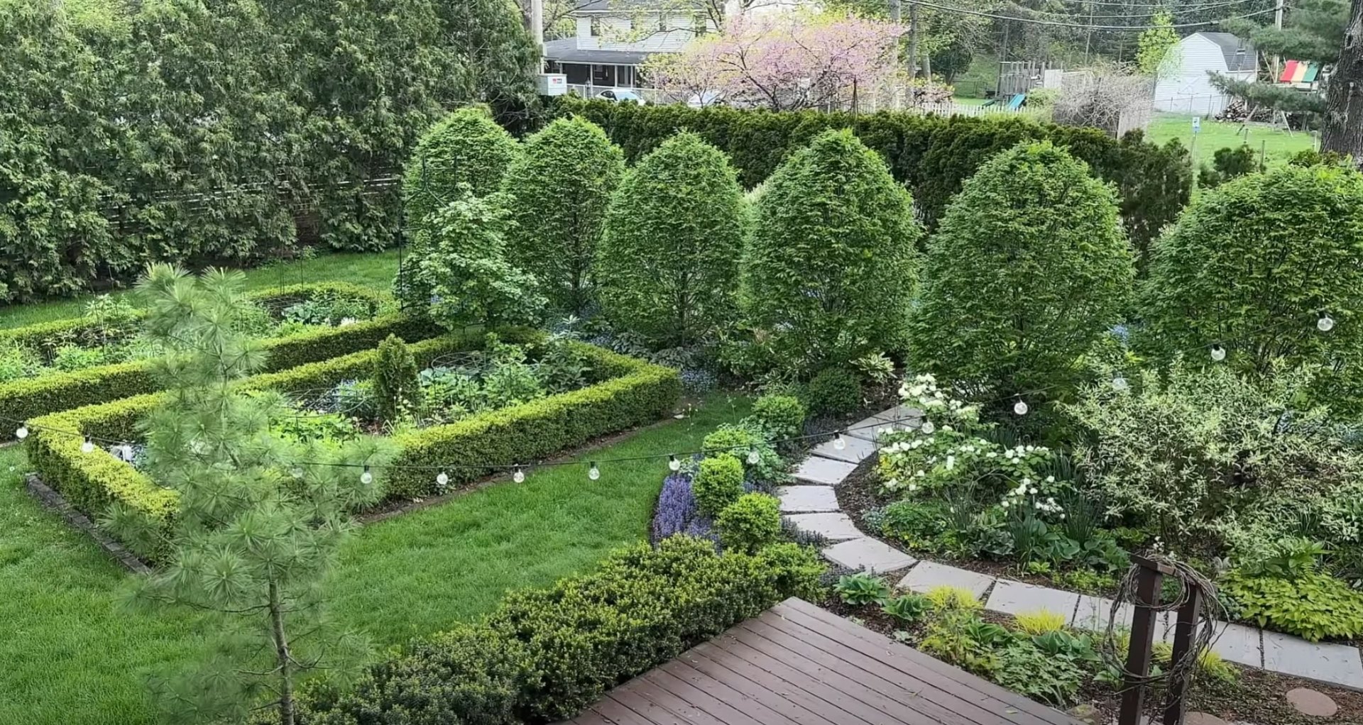 Comprehensive Landscape Design - Residential Garden with Professional Lighting and Plant Installation Aerial view of professionally designed residential garden with curved pathways, strategic lighting placement, and diverse plant selections creating beautiful outdoor living space
