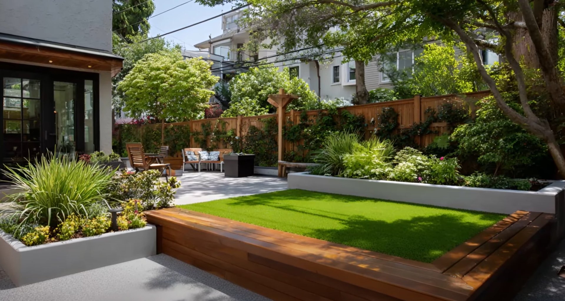 Professional Landscape Design with Quality Sod Installation - Buildwell Maywood Landscaping Modern backyard with elevated lawn design, contemporary patio, and integrated landscape features